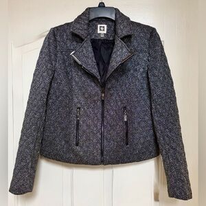 Anne Klein Moto Jacket Metallic Silver Textured, XS, Edgy Chic, EUC